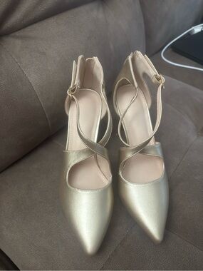Unk Metallic Gold Pointed-Toe Ankle Strap Heels